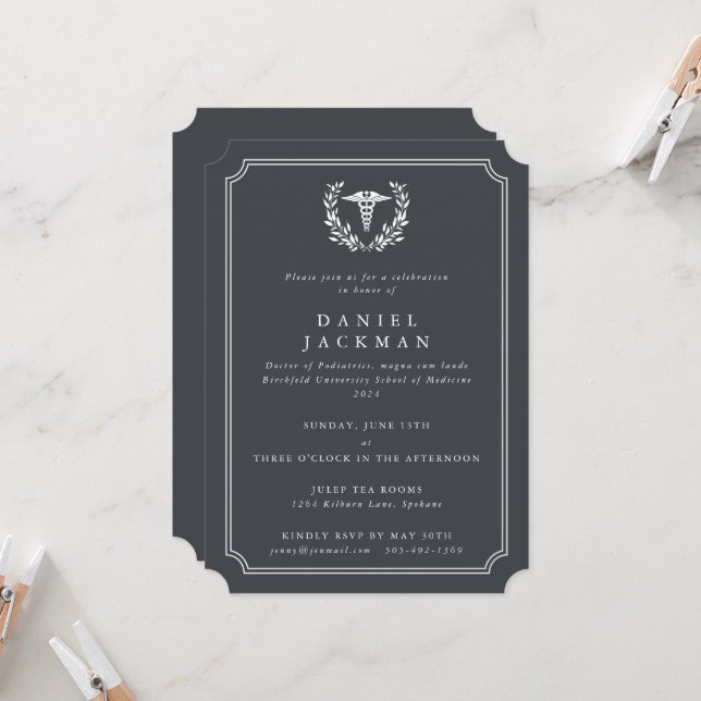 Grey Caduceus+Laurel Medical School Graduation Invitation (Front/Back In Situ)