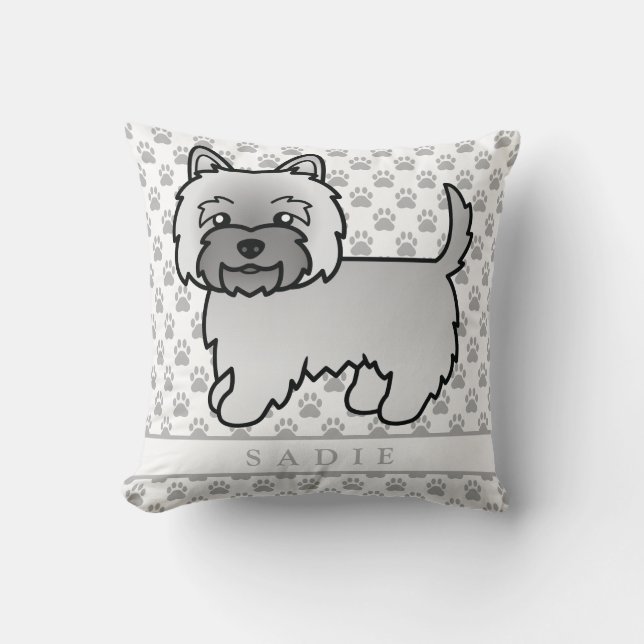 Grey Cairn Terrier Dog Illustration & Name Cushion (Front)