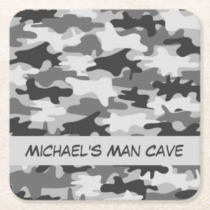 Grey Camo Camouflage Name Personalised Man Cave Square Paper Coaster