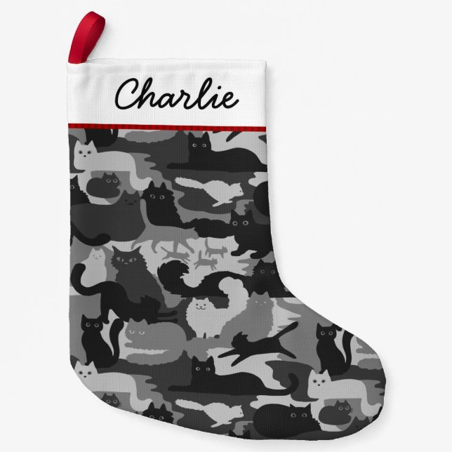 Grey Camouflage Cats Pattern Grey Kitty Cats Camo Small Christmas Stocking (Front)
