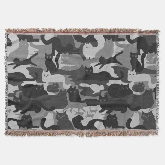 Grey Camouflage Cats Pattern Grey Kitty Cats Camo Throw Blanket (Front)