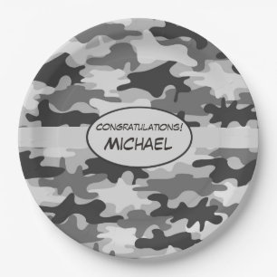 Grey Camouflage Congratulations Name Personalised Paper Plate