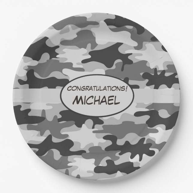 Grey Camouflage Congratulations Name Personalised Paper Plate (Front)