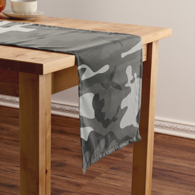Grey Camouflage Pattern, Military Pattern, Army Short Table Runner (In Situ)