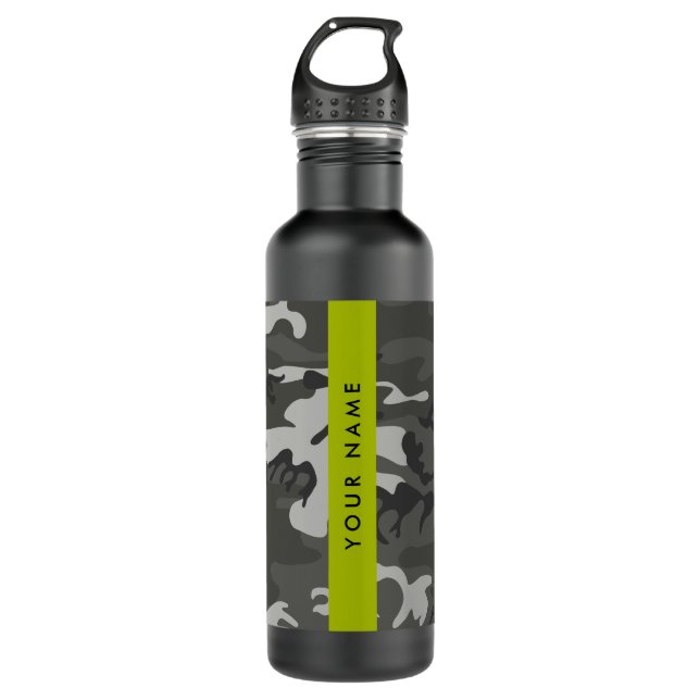 Grey Camouflage Pattern, Your name, Personalise 710 Ml Water Bottle (Front)