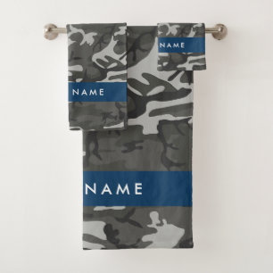 Grey Camouflage Pattern, Your name, Personalise Bath Towel Set