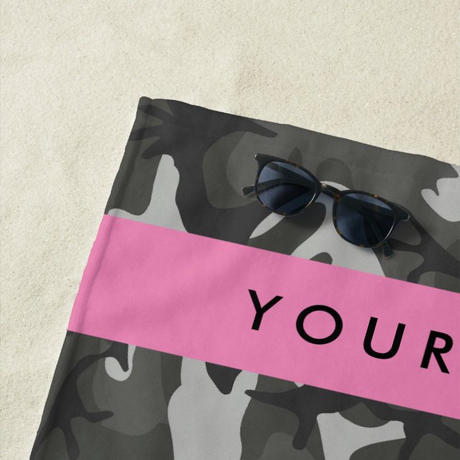 Grey Camouflage Pattern, Your name, Personalise Beach Towel (In Situ)