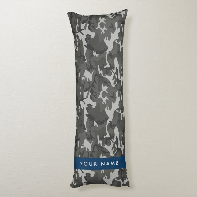 Grey Camouflage Pattern, Your name, Personalise Body Cushion (Back (Vertical))
