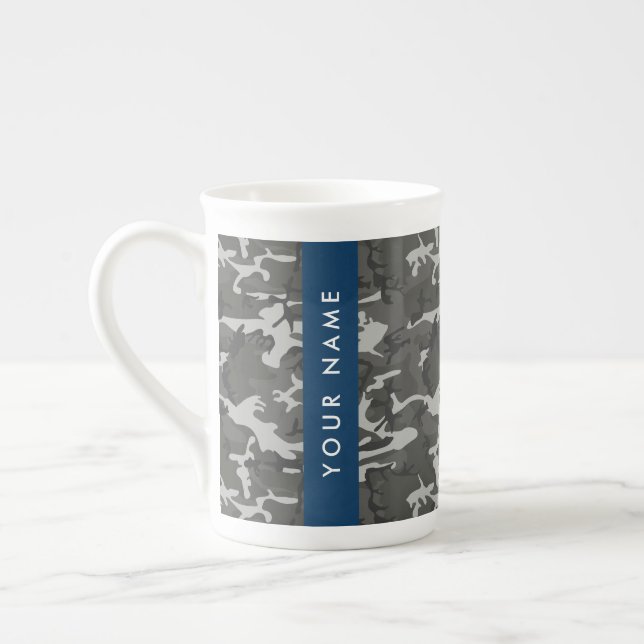 Grey Camouflage Pattern, Your name, Personalise Bone China Mug (Left)
