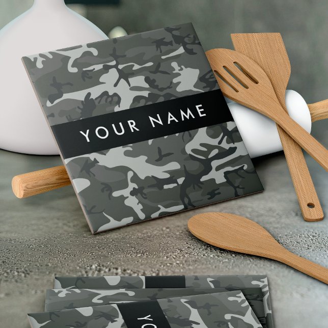 Grey Camouflage Pattern, Your name, Personalise Ceramic Tile (Creator Uploaded)