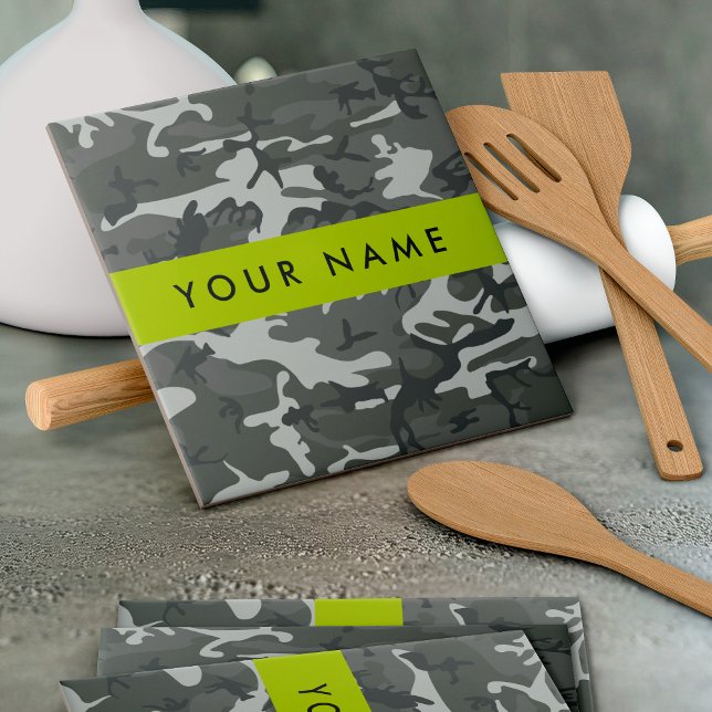 Grey Camouflage Pattern, Your name, Personalise Ceramic Tile (Creator Uploaded)