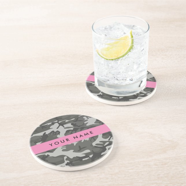 Grey Camouflage Pattern, Your name, Personalise Coaster (Side)