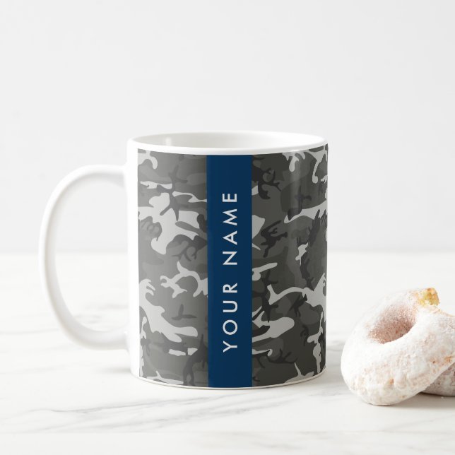 Grey Camouflage Pattern, Your name, Personalise Coffee Mug (With Donut)
