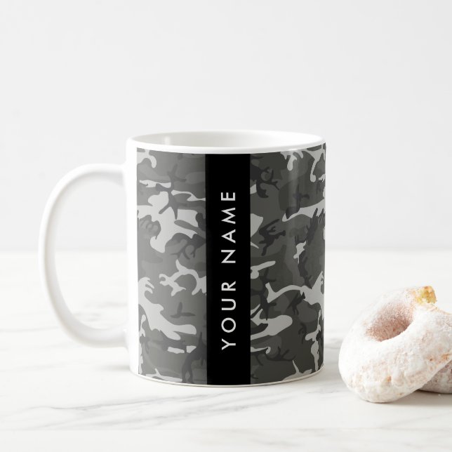 Grey Camouflage Pattern, Your name, Personalise Coffee Mug (With Donut)