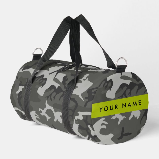 Grey Camouflage Pattern, Your name, Personalise Duffle Bag (Left Corner)