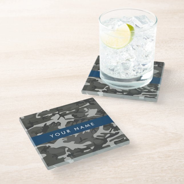 Grey Camouflage Pattern, Your name, Personalise Glass Coaster (Angled)