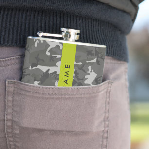 Grey Camouflage Pattern, Your name, Personalise Hip Flask