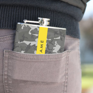 Grey Camouflage Pattern, Your name, Personalise Hip Flask