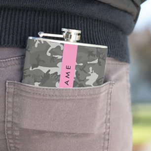 Grey Camouflage Pattern, Your name, Personalise Hip Flask