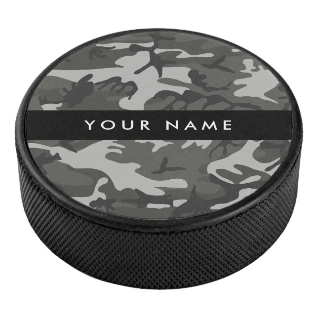 Grey Camouflage Pattern, Your name, Personalise Hockey Puck (3/4)