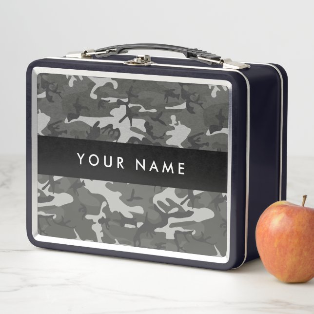 Grey Camouflage Pattern, Your name, Personalise Metal Lunch Box (In Situ)