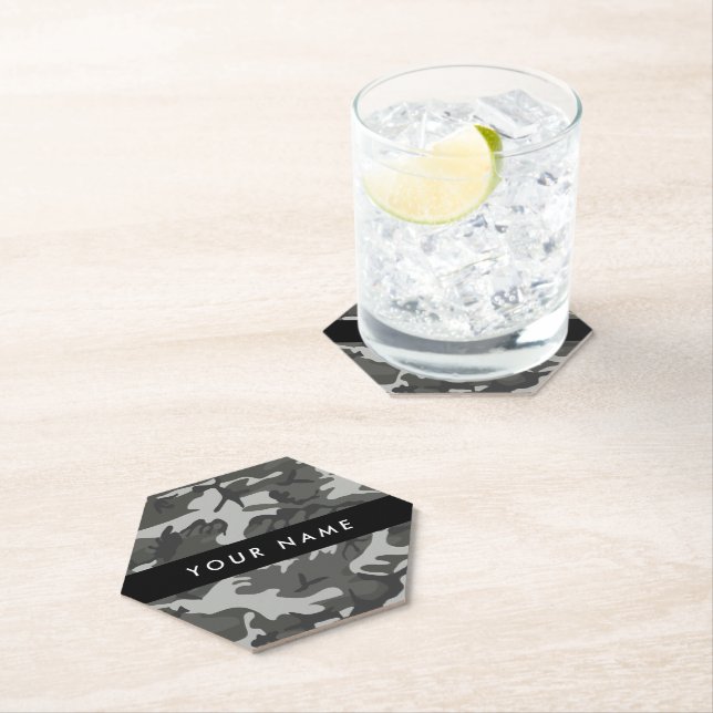 Grey Camouflage Pattern, Your name, Personalise Paper Coaster (Insitu)