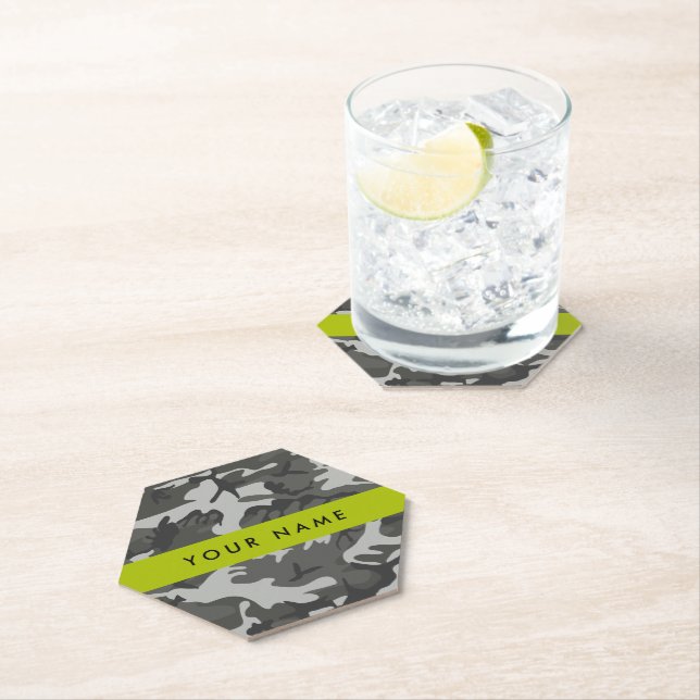 Grey Camouflage Pattern, Your name, Personalise Paper Coaster (Insitu)