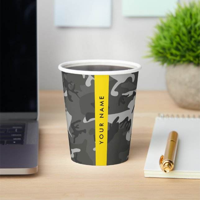 Grey Camouflage Pattern, Your name, Personalise Paper Cups (Insitu)