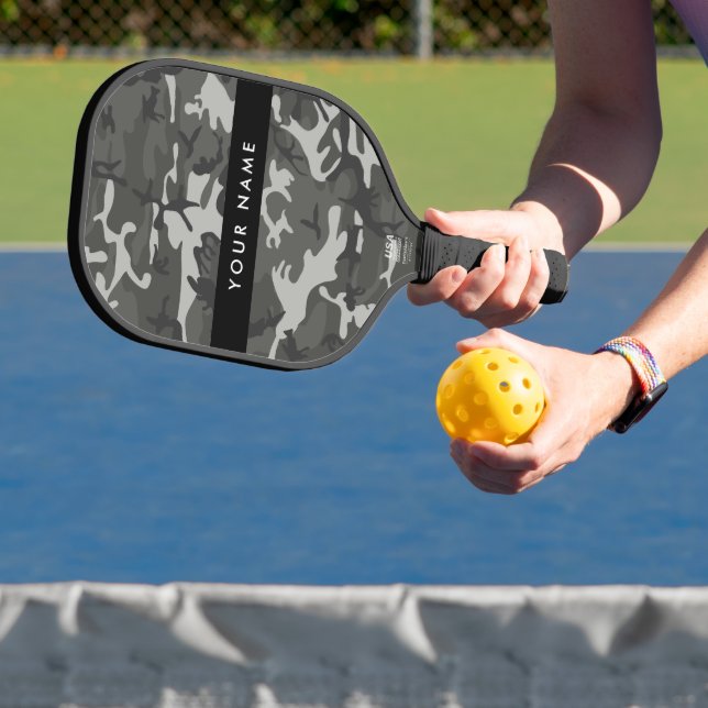 Grey Camouflage Pattern, Your name, Personalise Pickleball Paddle (Insitu)