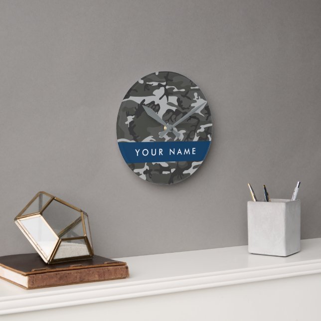 Grey Camouflage Pattern, Your name, Personalise Round Clock (Office)