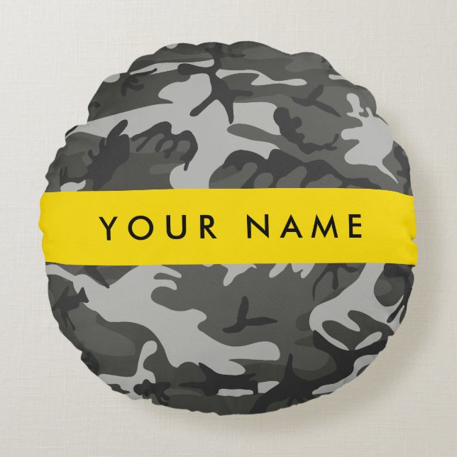 Grey Camouflage Pattern, Your name, Personalise Round Cushion (Front)