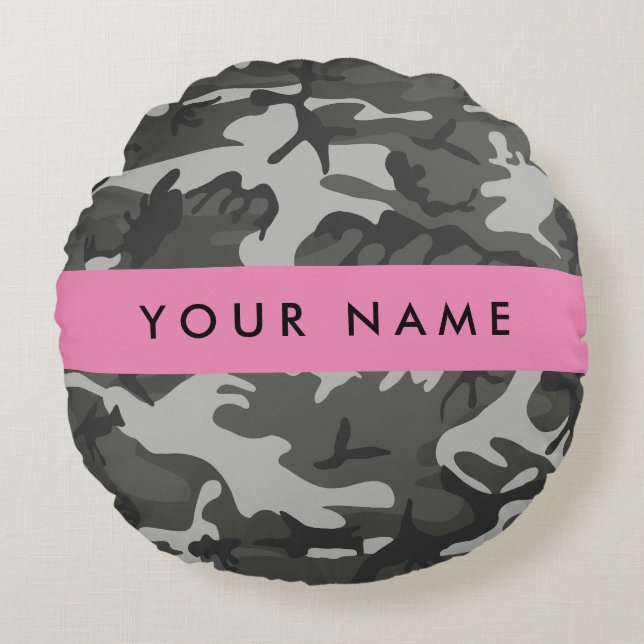 Grey Camouflage Pattern, Your name, Personalise Round Cushion (Front)