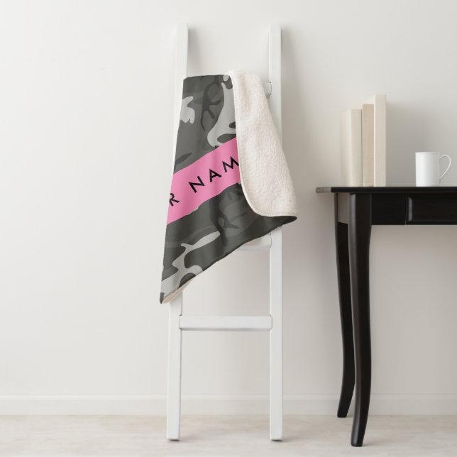 Grey Camouflage Pattern, Your name, Personalise Sherpa Blanket (In Situ)