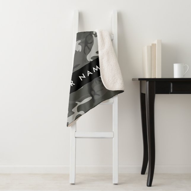 Grey Camouflage Pattern, Your name, Personalise Sherpa Blanket (In Situ)