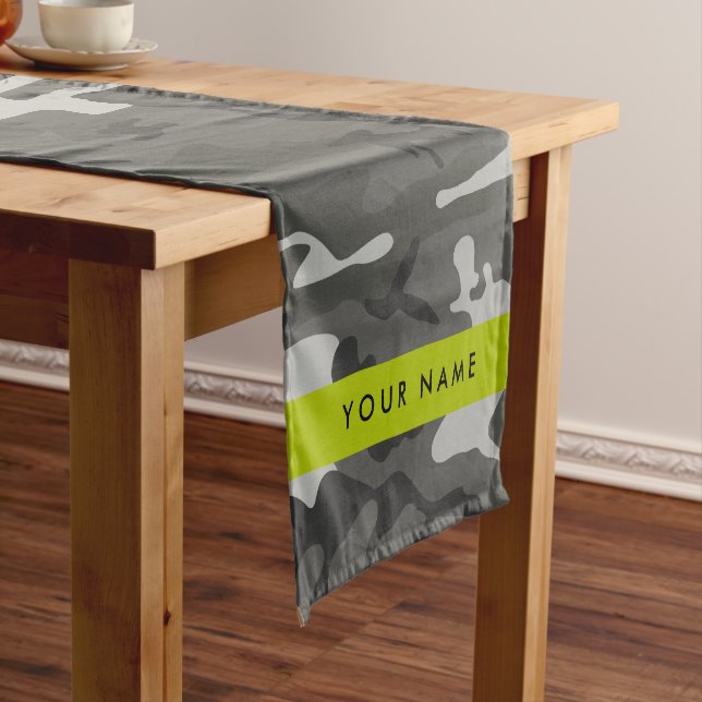 Grey Camouflage Pattern, Your name, Personalise Short Table Runner (In Situ)