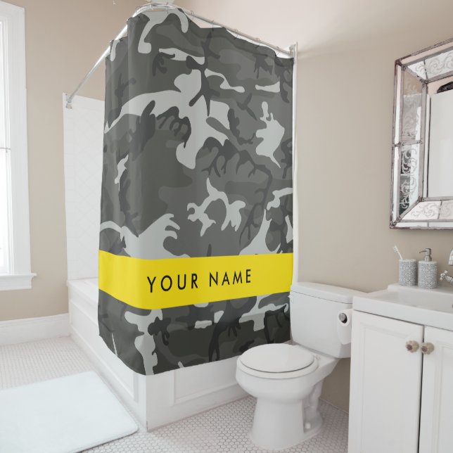 Grey Camouflage Pattern, Your name, Personalise Shower Curtain (In Situ)