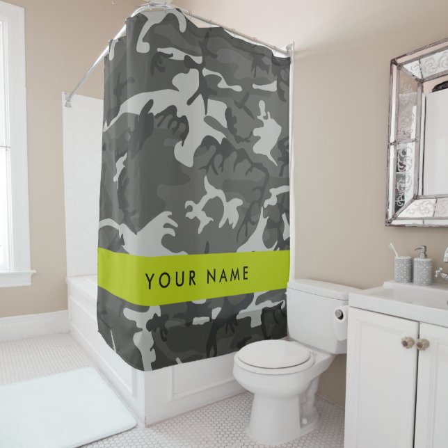 Grey Camouflage Pattern, Your name, Personalise Shower Curtain (In Situ)