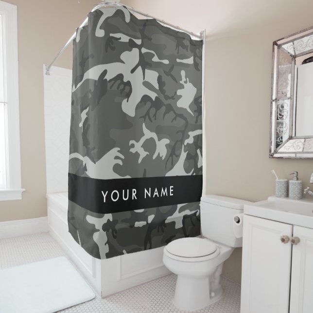 Grey Camouflage Pattern, Your name, Personalise Shower Curtain (In Situ)