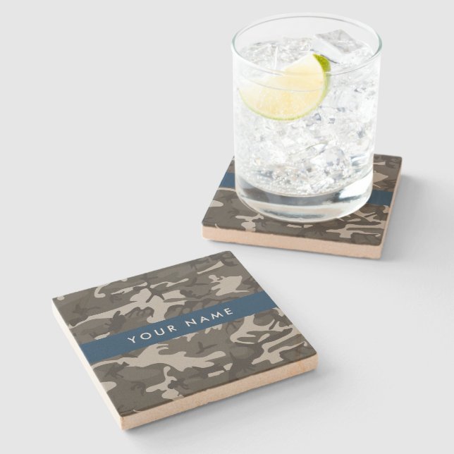 Grey Camouflage Pattern, Your name, Personalise Stone Coaster (Side)