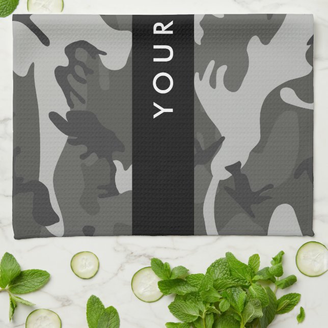 Grey Camouflage Pattern, Your name, Personalise Tea Towel (Folded)