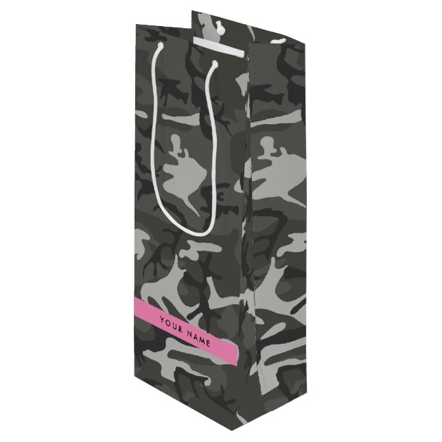 Grey Camouflage Pattern, Your name, Personalise Wine Gift Bag (Front Angled)