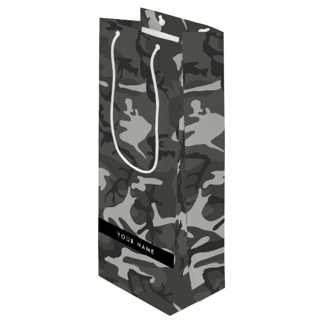 Grey Camouflage Pattern, Your name, Personalise Wine Gift Bag (Front Angled)