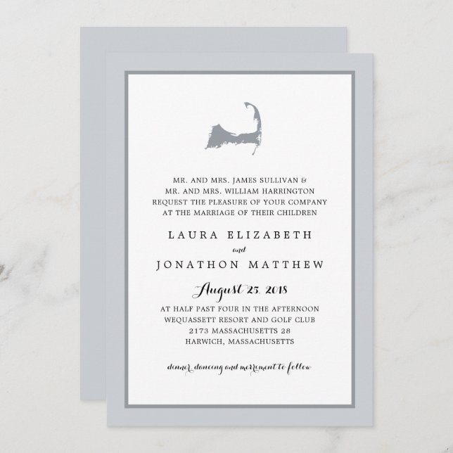 Grey Cape Cod Map | Wedding Invitation (Front/Back)