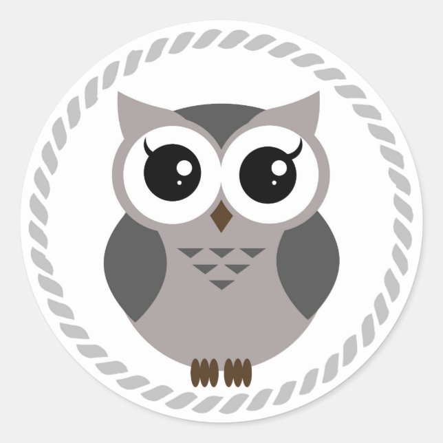 Grey cartoon owl inside grey ring classic round sticker (Front)