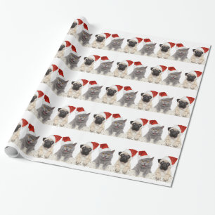 Grey cat and Chinese Pug Christmas Design Wrapping Paper