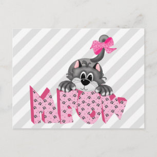 Grey Cat and Pink Meow Postcard