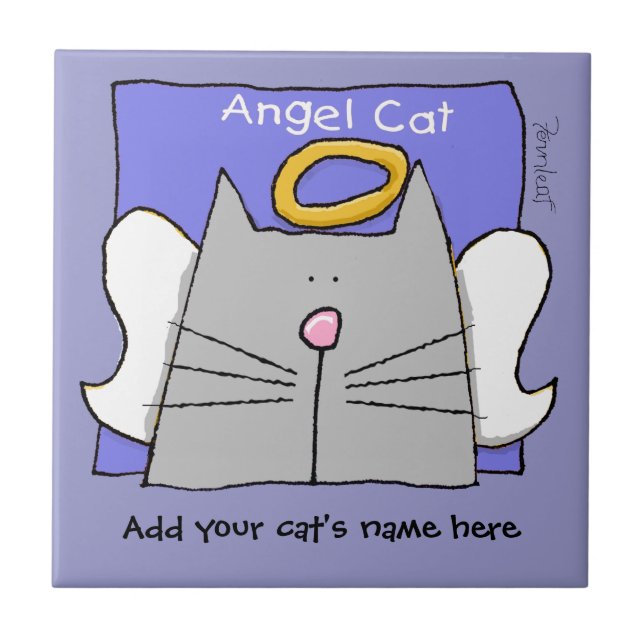 Grey Cat Angel Personalise Ceramic Tile (Front)
