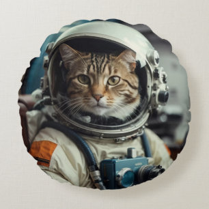Grey Cat Astronaut in Outer Space Round Cushion