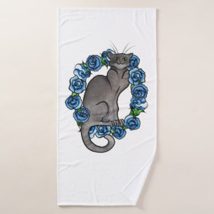 Grey Cat Blue Roses Caturday Grey Cats Bath Towel