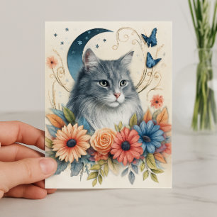 Grey Cat Butterfly Floral  Card